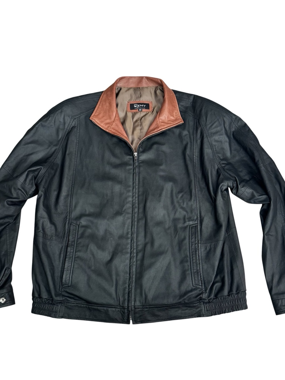 Remy Lambskin Leather Jacket Men 44 Black Brown Full Zip Vintage USA - Picture 2 of 10